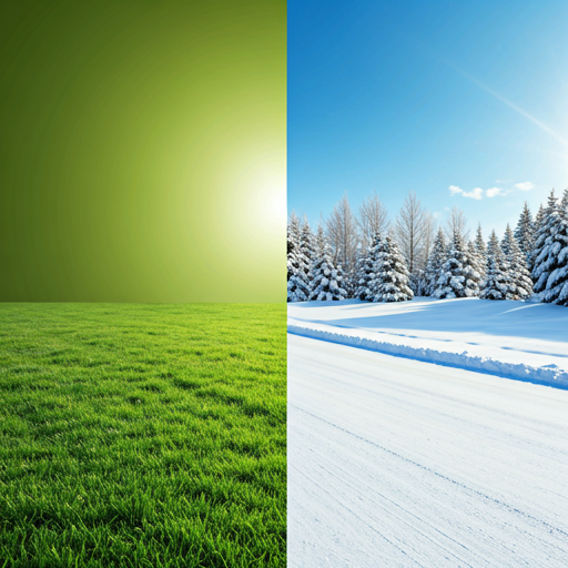 A manicured green summer lawn transitioning to a clean, snow-cleared winter driveway