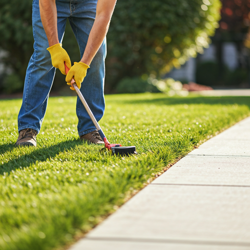 Professional property care worker edging a suburban lawn
